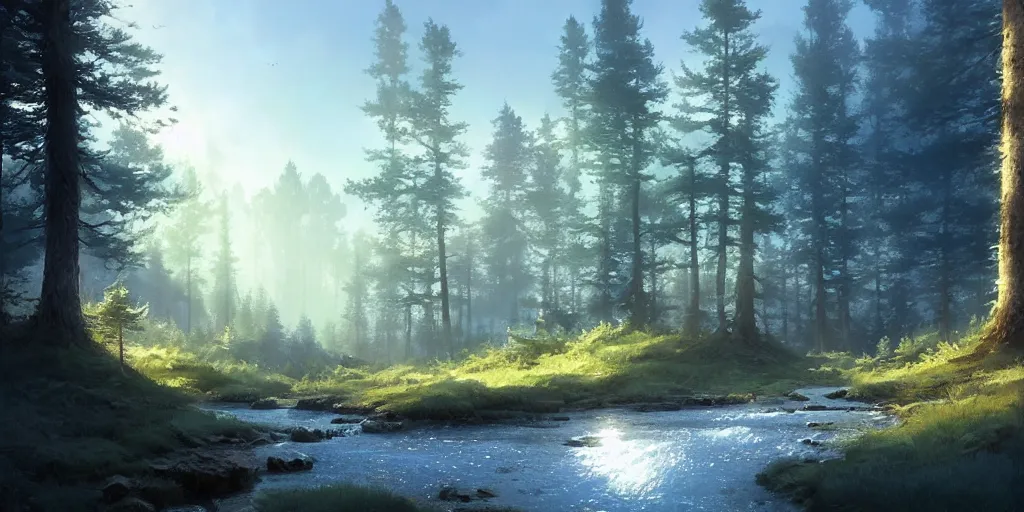 Prompt: flat landscape of a pine forest with a small stream, blue sky, detailed, concept art, high detail, realistic, warm lighting, volumetric, godrays, vivid, artstation, digital painting by jordan grimmer and greg rutkowski