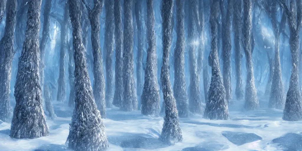 Prompt: landscape portrait f a mile high ice wall, dividing a wintery forest, fantasy, digital art, trending on artstation