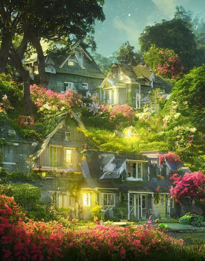Prompt: flowery cottage, solar, peaceful, green technology, optimist future by Asher Durand. green fields, intricate artwork by Tooth Wu and wlop and beeple and dan mumford and greg rutkowski and nekroxiii. halo. octane render, cinematic, hyper realism, octane render, 8k, depth of field, bokeh. iridescent accents. vibrant.