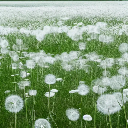 Prompt: a field completely covered by white detailed dandelions, gloom, volumetric lighting