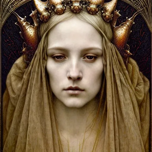 Image similar to detailed realistic beautiful young medieval queen face portrait by jean delville, tom bagshaw, brooke shaden, gustave dore and marco mazzoni, art nouveau, symbolist, visionary, gothic, pre - raphaelite, ornate gilded medieval icon, surreality, ethereal, unearthly, haunting, celestial, neo - gothic, ghostly, memento mori, enigmatic