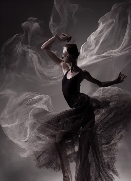 Image similar to a Photorealistic dramatic hyperrealistic render of a glamorous beautiful Female smoke dancer by Ken Brower and Deborah Ory of NYC Dance project,Lois Greenfield,Flowing cloth and smoke,Beautiful dynamic dramatic dark moody lighting,volumetric,shadows,cinematic atmosphere,Octane render,8K