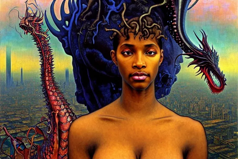 Image similar to realistic extremely detailed closeup portrait painting of a beautiful black woman with a mutant dragon, dystopian city on background by Jean Delville, Amano, Yves Tanguy, Ilya Repin, Alphonse Mucha, Ernst Haeckel, Edward Robert Hughes, Roger Dean, heavy metal 1981, rich moody colours