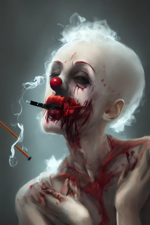 Prompt: horror creepy clown girl smoking a cigarette, highly detailed, digital painting, artstation, concept art, smooth, sharp focus, WLOP, dark atmosphere