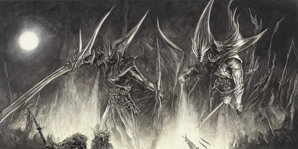 Prompt: illustration of Sauron fighting Saruman, the lord of the rings, by Alan Lee