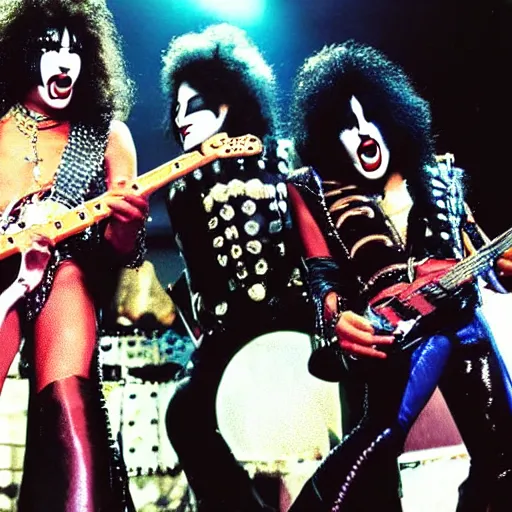 Prompt: jimi hendrix as a member of the band kiss in concert, color photo