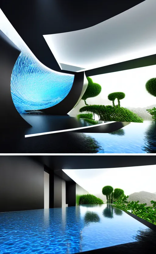 Image similar to villa parametric architecture fluid design, vincent callebaut well - defined style, ultra detailed, monochromatic, natural lighting, volumetric lighting, generative art nebula, cinematic, photo realistic, hyper real, surreal design, flow everywhere, walls made of crystal clear water, droplets on the walls, black metal, magnesium, 8 k,