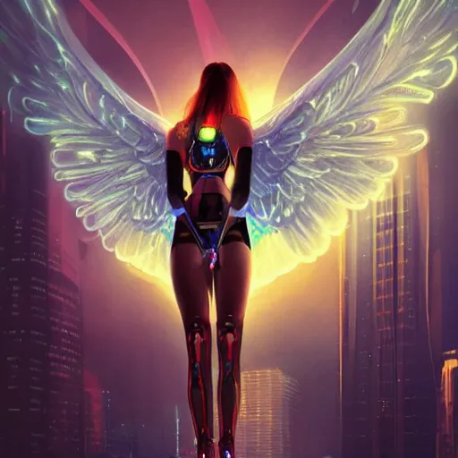 Prompt: A beautiful, angelic woman with cybernetic wings and a halo, in a neon-lit cityscape. She looks sad and lost, but determined. 8k, neon, cyber punk, steam punk, cybernetic, photo-realistic, by Greg Rutkowski