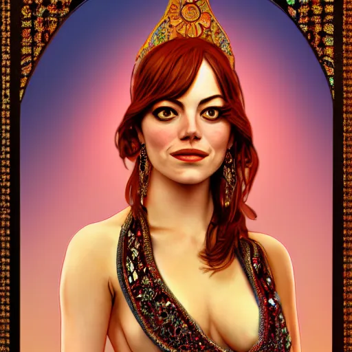 Image similar to a portrait of emma stone dressed as a belly dancer, arabian night, high quality, fully detailed, 4 k, in focus sharp face with fine details, realistic hand details and anatomy, inspired by belly dancer on youtube, alphonse mucha, masterpiece, stunning, artstation