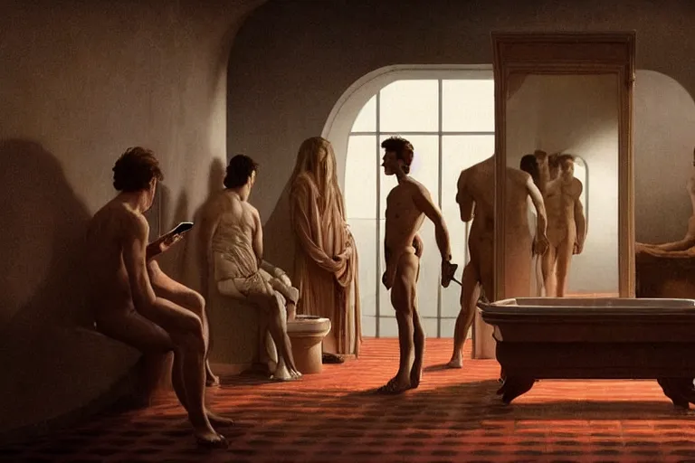 Prompt: hyperrealism aesthetic ridley scott and caravaggio and denis villeneuve style photography of a detailed giant, siting on a detailed ultra huge toilet and scrolling his smartphone in surreal scene from detailed art house movie in style of alejandro jodorowsky and wes anderson
