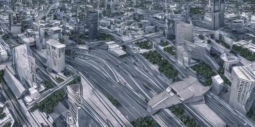 Prompt: drone view of a sci-fi Berlin with a large road through, Brutalist architecture,sharp focus,telephoto lens,3D digital art 4k
