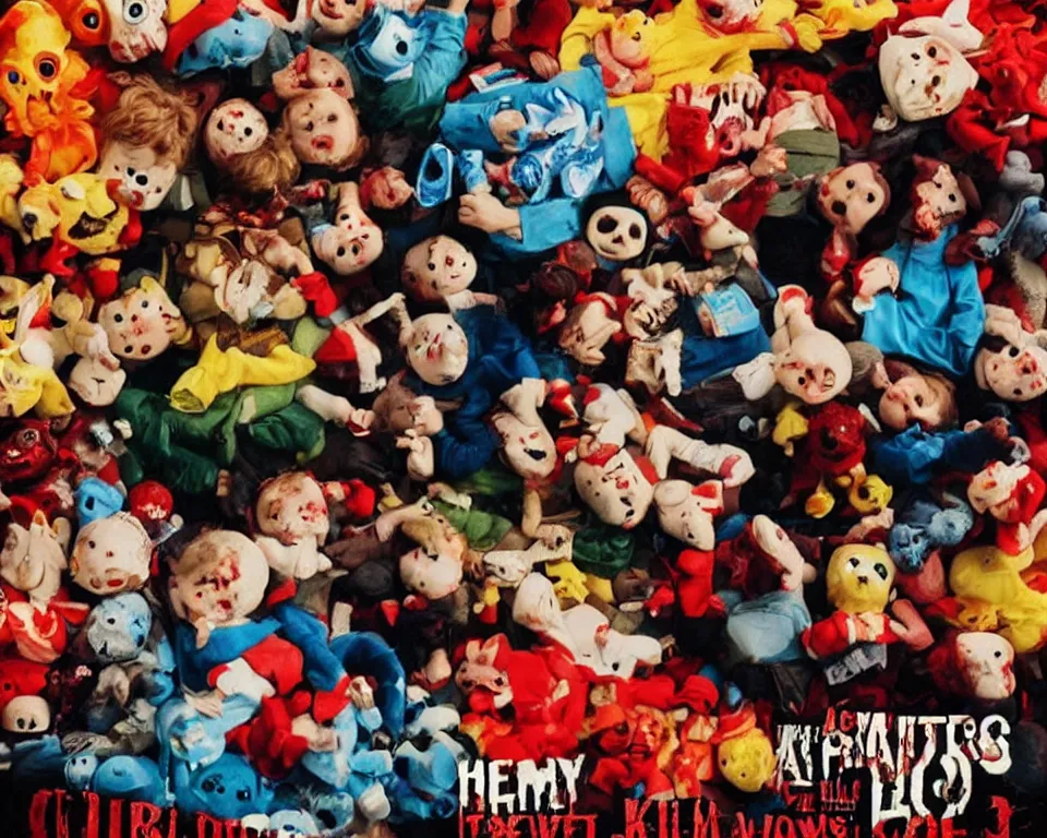 Image similar to a horror movie poster featuring children getting killed by toys