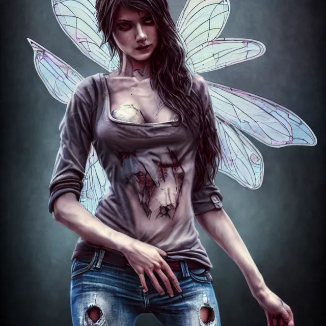 Image similar to full body pose, beautiful adult anarchy fairy, torn shirt, jeans, dirty, grungy, grunge, highly detailed, 4 k, hdr, smooth, sharp focus, high resolution, award - winning photo, artgerm, photorealistic