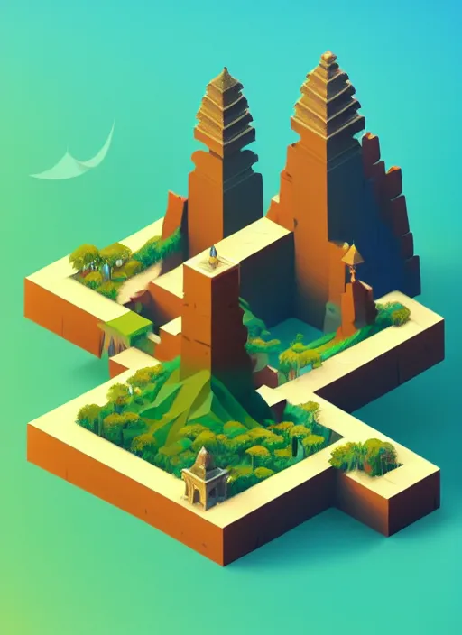 Prompt: a low poly isometric render of bali in the style of monument valley, intricate, elegant, smooth shading, soft lighting, illustration, simple, solid shapes, by magali villeneuve, jeremy lipkin and michael garmash, rob rey and kentaro miura style, octane render