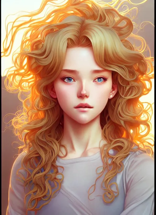 Prompt: young woman with medium - length, curly, golden hair, aquamarine eyes, natural lighting, path traced, highly detailed, high quality, cartoon, digital painting, by new haicheng and ross tran and studio ghibli and alphonse mucha