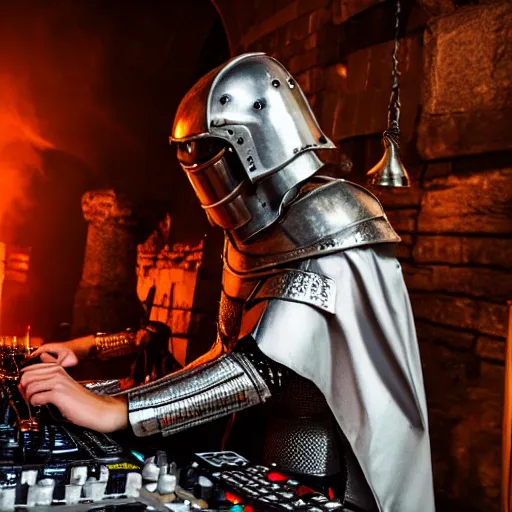 Image similar to photograph of a dubstep dj in medieval crusader armor djing during a medieval party, 8 k resolution, high detail