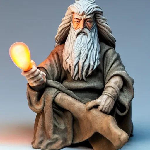 Image similar to figurine made of rough stone of gandalf with no hat. gandalf is sitting at a light - mixer, studio photo, uhd 4 k, backlight, rule of thirds