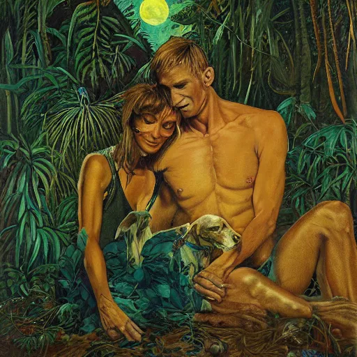 Image similar to the illuminated mystic Rhodesian ridgeback and a man and a woman in love, softly lit from behind, full moon night in the jungle Portrait by Paul Bonner, oil on canvas