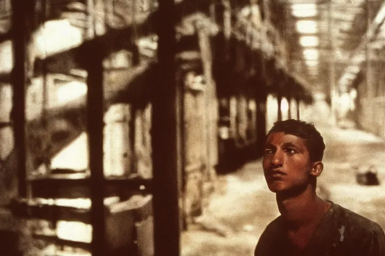 Image similar to a cinematic!! headshot photograph!! of a male, stood in a factory, dirt, film still, cinematic lighting, by bill henson