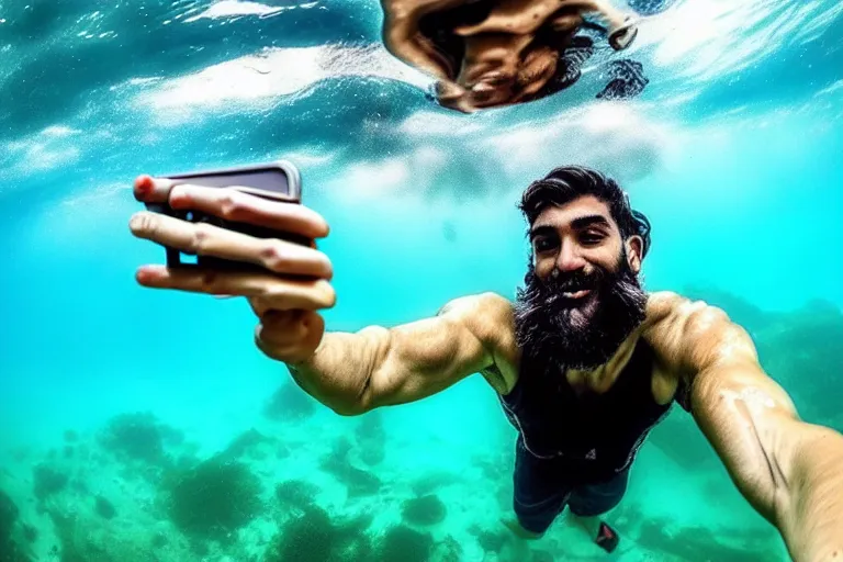 Prompt: greek god poseidon taking a selfie of himself underwater holding a go pro look king confused holding his trident
