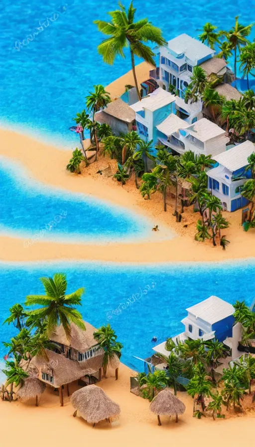 Image similar to beautiful beachside village, palm trees, blue water, isometric view, tilt shift, highly detailed