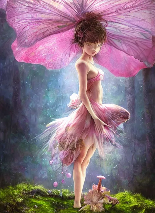 Image similar to A wingless fairy princess with a tattered pink tutu, mushroom umbrella, moss, dewdrops, watercolor, dramatic lighting, cinematic, establishing shot, extremely high detail, foto realistic, cinematic lighting, pen and ink, intricate line drawings, by Yoshitaka Amano, Ruan Jia, Kentaro Miura, Artgerm, post processed, concept art, artstation, matte painting, style by eddie mendoza, raphael lacoste, alex ross,