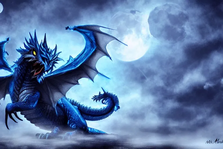 Image similar to an screaming blue and white dragon wearing armor, digital art, moonlight, blue mist, blue smoke,