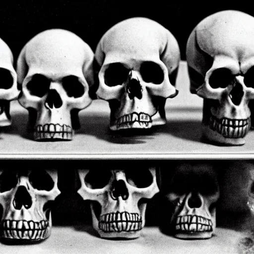 Prompt: Skulls lying on a shelf. Close Up Shot, Dark Fantasy, Film Noir, Black and White. High Contrast, Mike Mignola, D&D, OSR -6