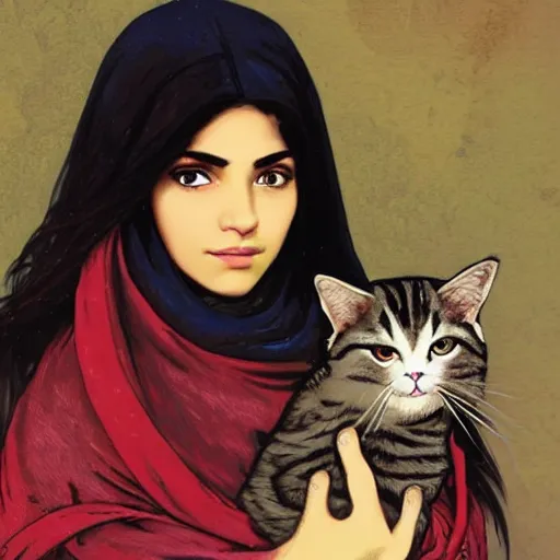 Prompt: cute emo moroccan woman, with long dark hair, thick eyebrows!!! dark eyes and dark circles!, wide nose!!!, big eyes, oval face shape, big cheeks!, she is holding a cat in her arms, by juan villafuerte, greg rutkowski and alphonse mucha, pexels contest winner, high quality photo, hd rtx