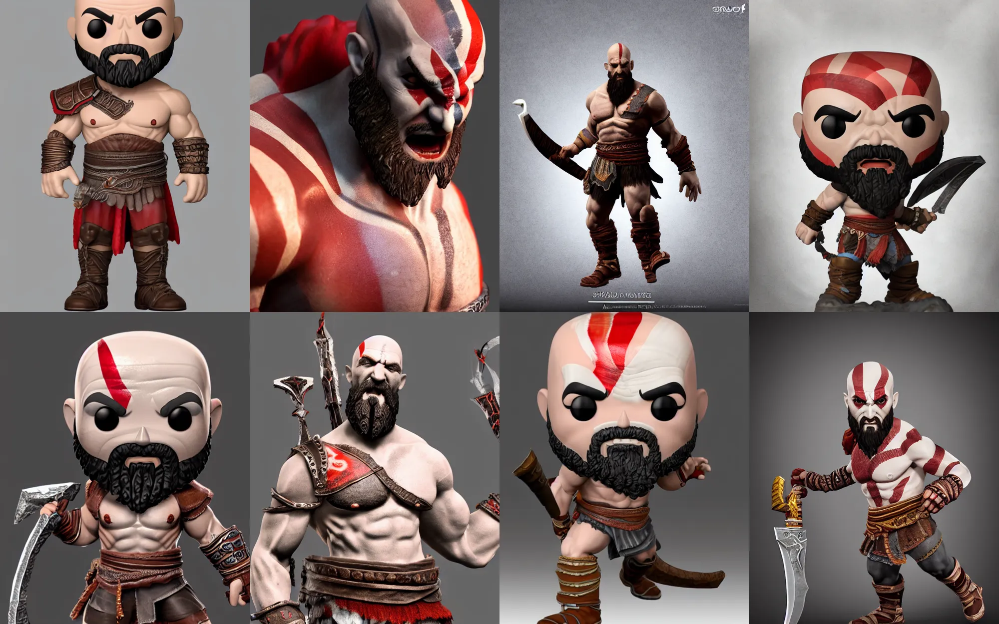 Prompt: full body 3d render of Kratos from god of war as a funko pop, studio lighting, white background, blender, trending on artstation, 8k, highly detailed