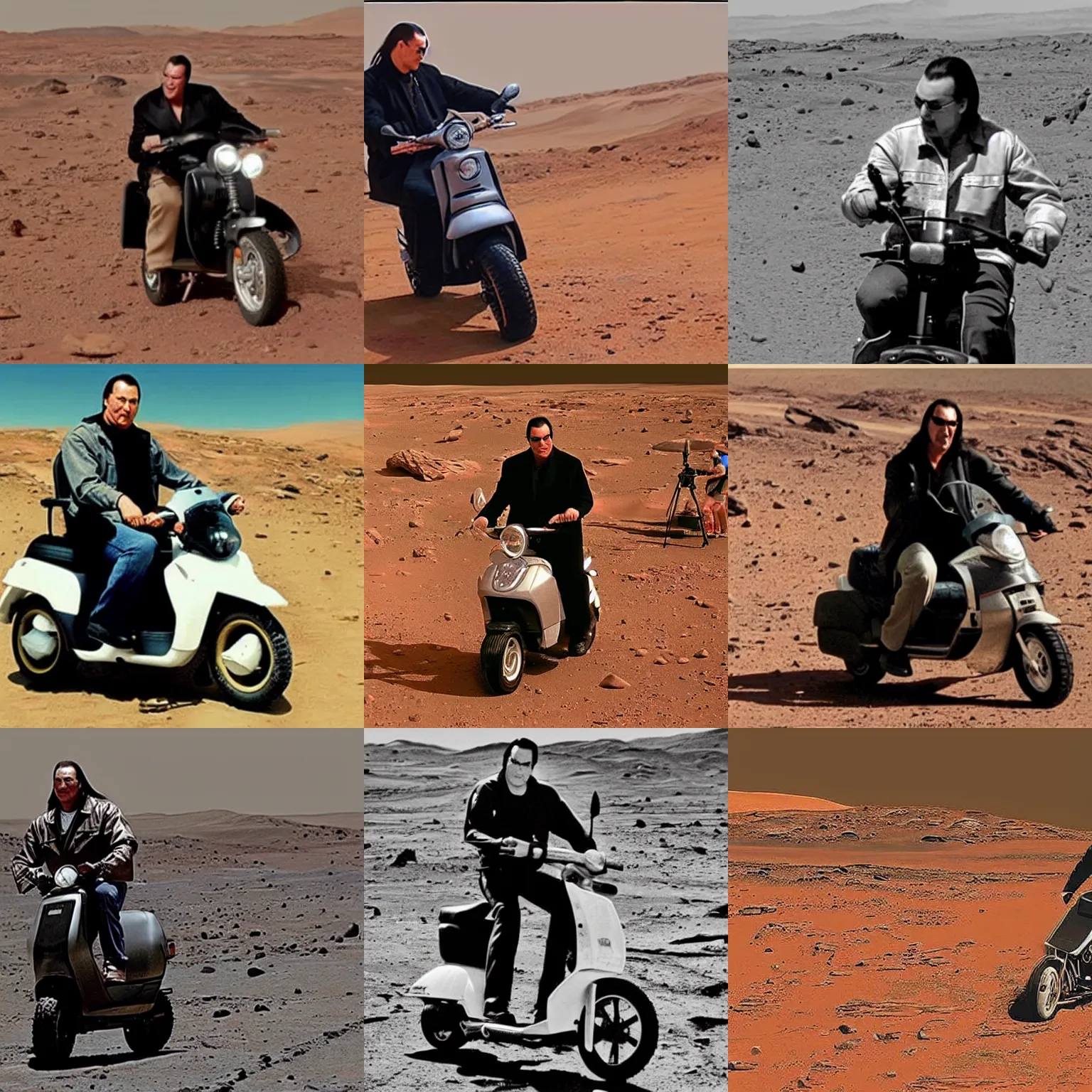 Prompt: A photo of Steven Seagal riding a scooter on Mars