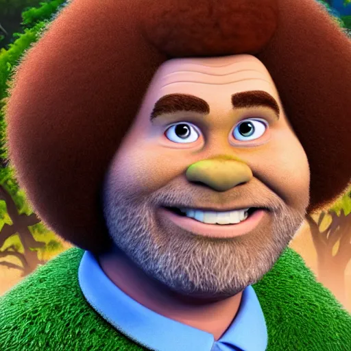 Prompt: Bob Ross as a Shrek, made by Dreamworks Animation, 8k, trending on artstation, hyperdetalied,