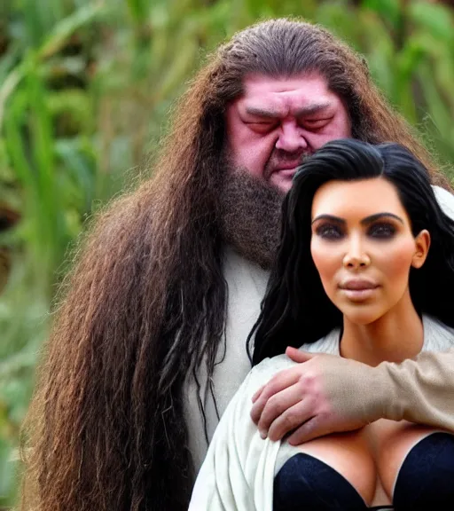 Prompt: hagrid hugging kim kardashian, holding her waist, in a derelict grotto