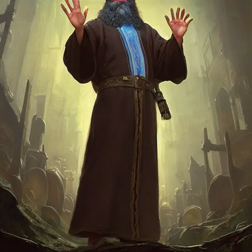 Image similar to A middle aged elf, wrinkled olive skin, brown hair and a raised hand, long beard, blue robes with clocks on, detailed face, highly detailed, cinematic lighting, digital art painting by greg rutkowski.