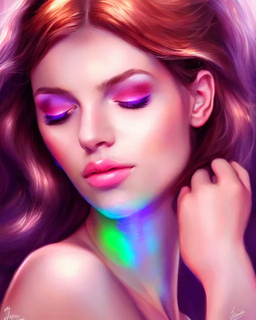 Prompt: gemstone beauty portrait, artgerm, sparkling gems, iridescent, shining light, warm glow, photorealism