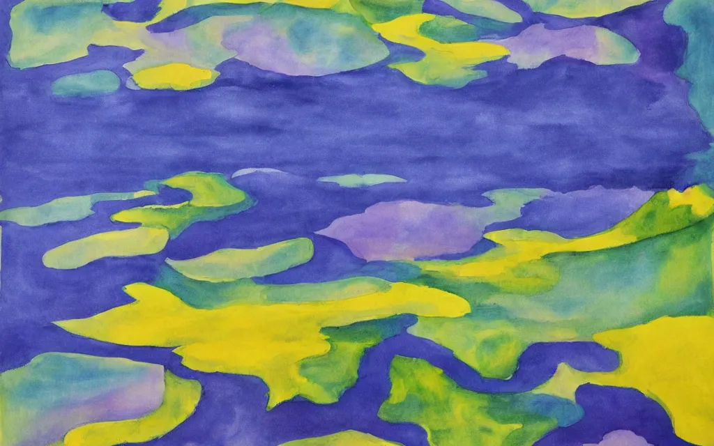 Image similar to the alps and reflection in a lake in the style of georgia o keeffe. colorful, wavy. painting. medium long shot. perspective. color palette of blue, yellow, purple, green. alpenguhen