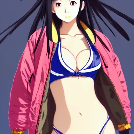 Prompt: a beautiful young japanese lalisa alluring gravure model, wearing oversized designer bomber jacket and one piece bikini, bulky poofy bomber jacket with mesoamerican patterns, mesoamerican native street fashion, gapmoe yandere grimdark, trending on pixiv fanbox, painted by greg rutkowski makoto shinkai takashi takeuchi studio ghibli, akihiko yoshida