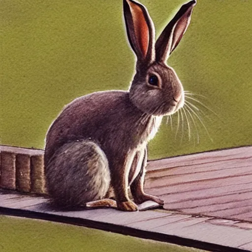 Image similar to a rabbit standing on a bridge, fishing, realistic watercolour