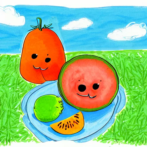 Image similar to a cartoon of a watermellon and an orange having a picnic. digital art. children's book illustration