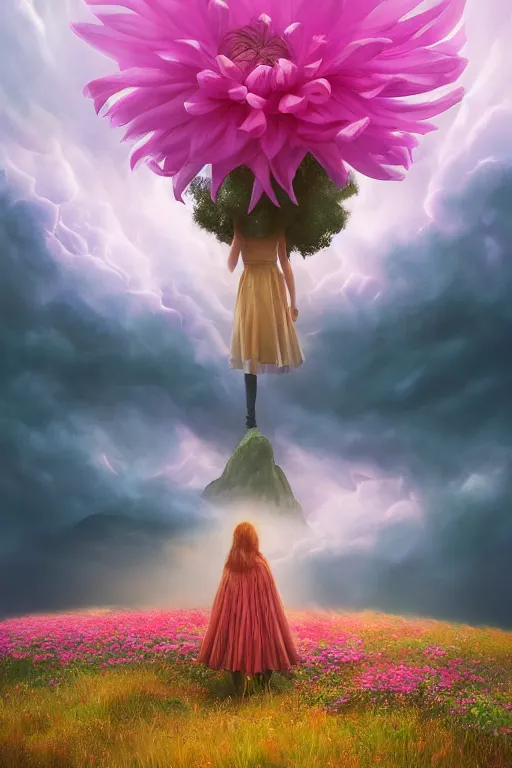 Image similar to closeup perspective, giant dahlia flower over the head, girl standing on mountain, surreal photography, blue storm clouds, dramatic light, impressionist painting, digital painting, artstation, simon stalenhag