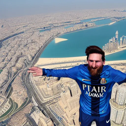 Prompt: Lionel Messi standing on top of Burj Khalifa