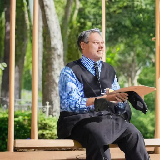 Prompt: A businessman is sitting on a bench eating lunch in a park. A tall ladder lurks menacingly behind him. A tall ladder lurks menacingly behind him. , shadows, realistic, 4k