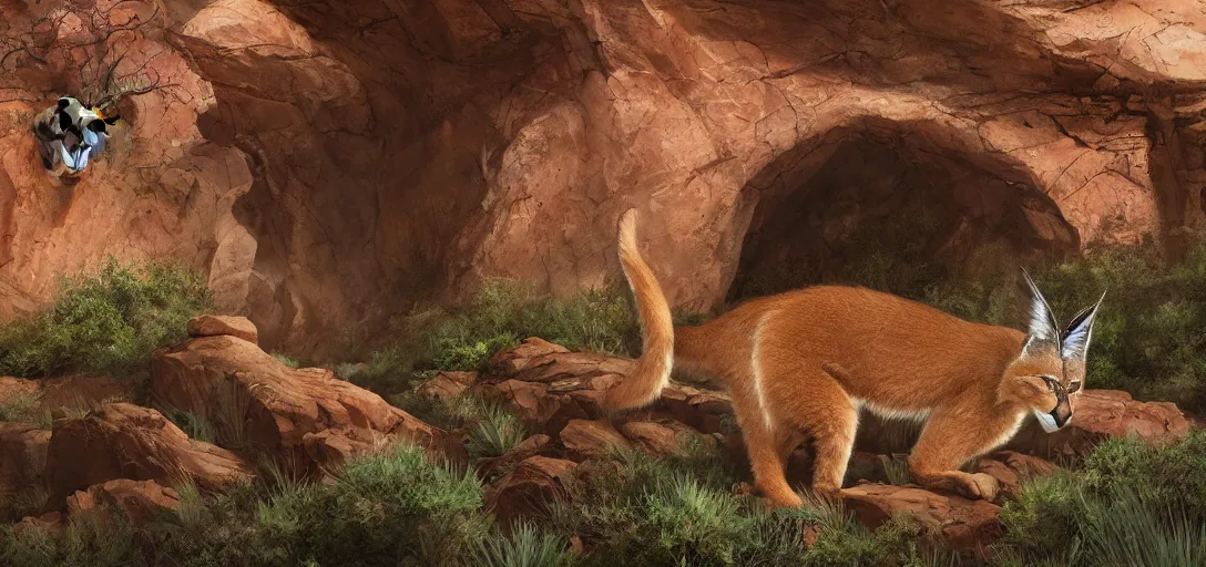 Image similar to cute caracal in beautiful utah desert, rock arcs, lush vegetation, landscape, alex ross, eddie mendoza, raphael lacoste, sebastian ludke, concept art, matte painting, highly detailed, rule of thirds, dynamic lighting, cinematic, detailed, magnificiant landscape, denoised