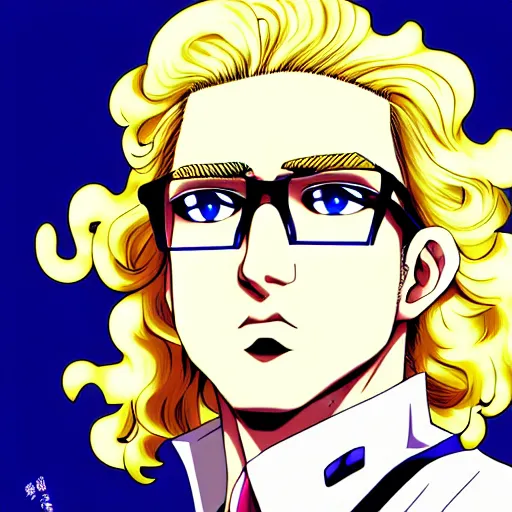 Prompt: A man with blonde curly hair wearing glasses, blonde man, anime art, Hirohiko Araki, Hirohiko Araki artwork, araki art, 4K