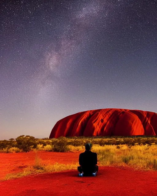 Prompt: man sitting at uluru, medicine drum, night sky, small fire, cosmic sky