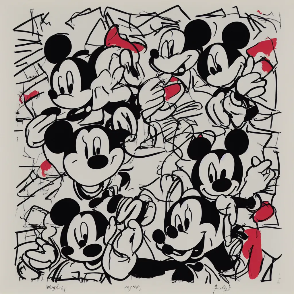 Prompt: individual silk screen portrait of mickey mouse by andy warhol