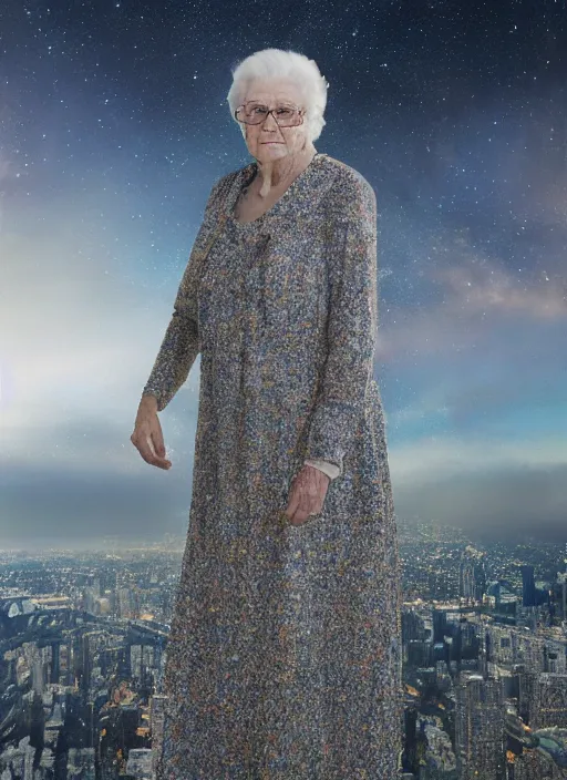 Image similar to a hyper realistic ultra realistic photograph of the 1000 foot tall grandma, highly detailed, 8k photo, meteor scared