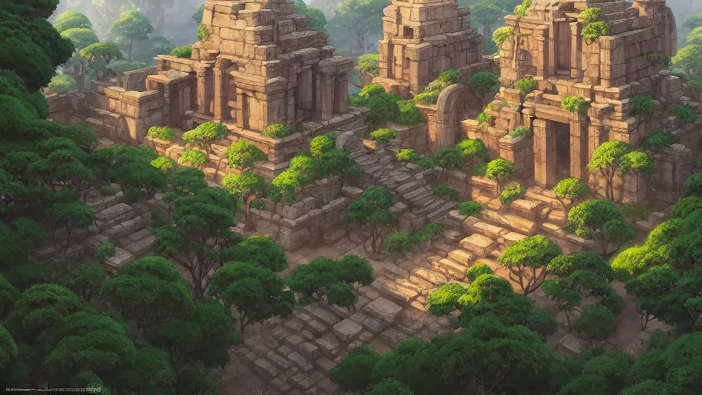 Image similar to ancient temple ruins, studio ghibli, pixar and disney animation, sharp, rendered in unreal engine 5, highly detailed, digital painting, artstation, concept art, smooth, sharp focus, illustration, wide angle, artbook, wallpaper, splash art, promo art, dramatic lighting, art by artgerm and greg rutkowski and bo chen and jin xiaodi