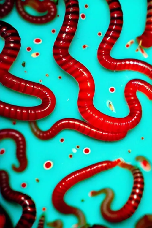 Image similar to high quality macro photo translucent gelatinous worms! gorgeous red dots highly detailed hannah yata elson peter cinematic turquoise lighting high quality low angle hd 8k sharp shallow depth of field