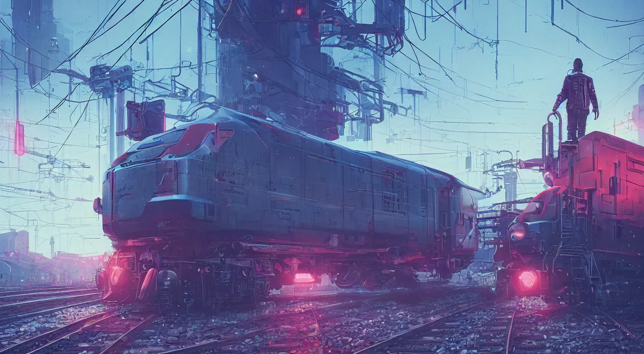 Image similar to a man standing in front of a train on a train track, cyberpunk art by mike winkelmann, trending on cgsociety, retrofuturism, reimagined by industrial light and magic, darksynth, sci - fi